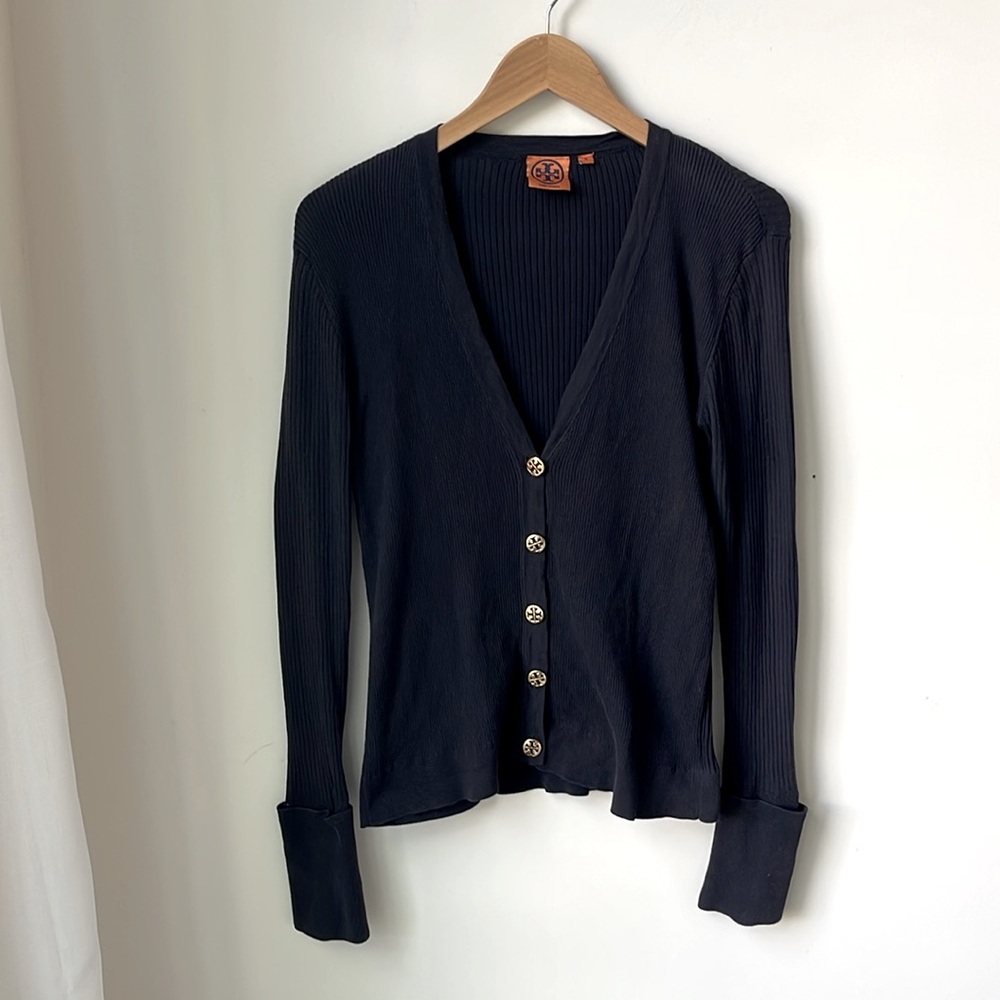 Tory Burch Blue "Shrunken Simone" Cardigan Navy w/Goldtone Logo Buttons Size M